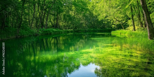 A serene green lake embraced by a lush, dense forest, reflecting the tranquility and untouched beauty of nature.