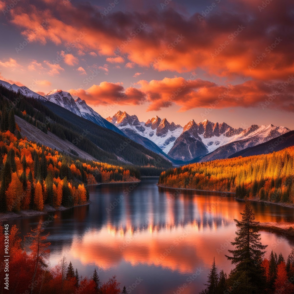 Obraz premium Colorful autumn landscape with mountains, lake and sunset
