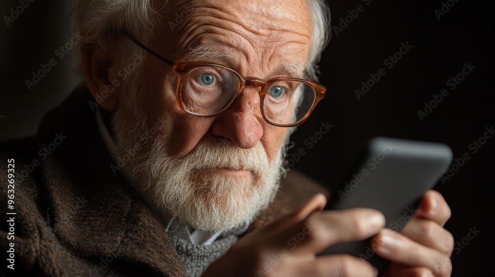 Frustrated Elderly Man Facing Digital Overload while Using Smartphone: Technology Learning Curve Concept Frustrated Elderly Man Facing Digital Overload while Using Smartphone: Technology Learning Curve Concept