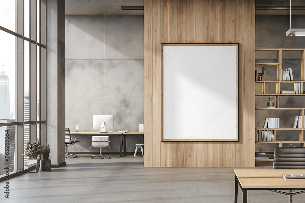 Minimalist office interior with large empty poster frame mock-up for wall art, wooden accents, and open workspace design, creating a modern and inviting atmosphere Minimalist office interior with large empty poster frame mock-up for wall art, wooden accents, and open workspace design, creating a modern and inviting atmosphere