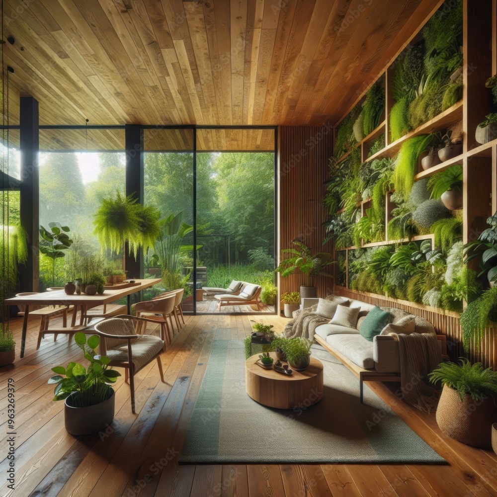 Fototapeta premium Contemporary Living Room with Abundant Green Plants, Vertical Garden Wall, and Cozy Wooden Furniture Creating a Tranquil Urban Oasis