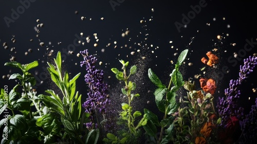 Herbs and Flowers Suspended in a Shower of Spices