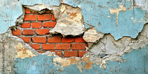 Fractured Facade: A crumbling wall, its broken bricks revealing the underlying structure and the eroding mortar. photo