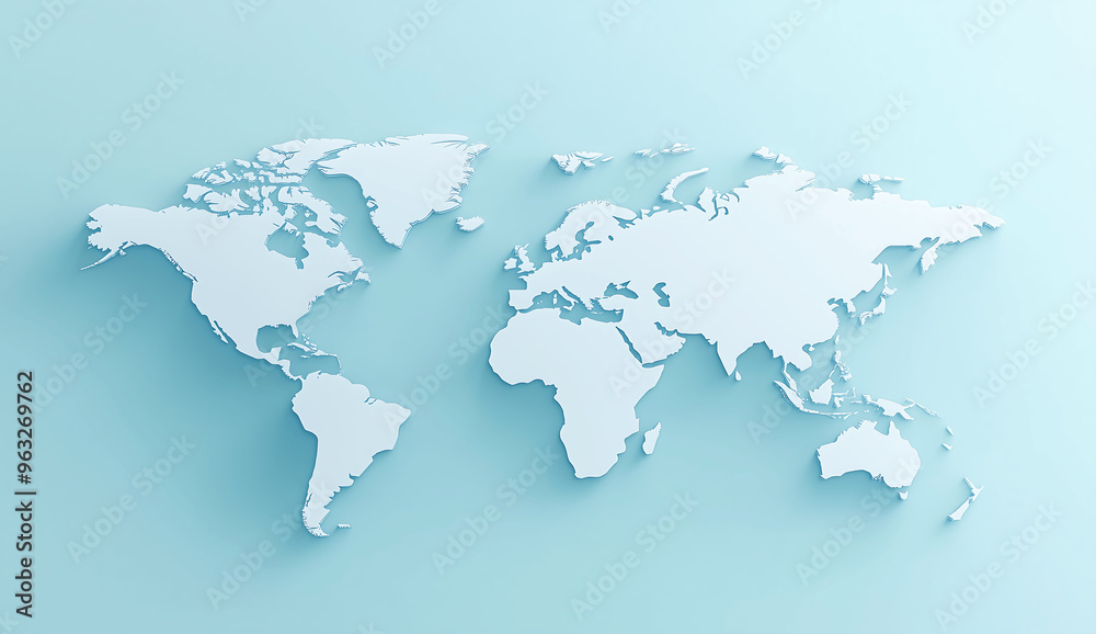 Minimalist world map in white on a pastel blue background, creating a clean and modern global concept for international themes Minimalist world map in white on a pastel blue background, creating a clean and modern global concept for international themes