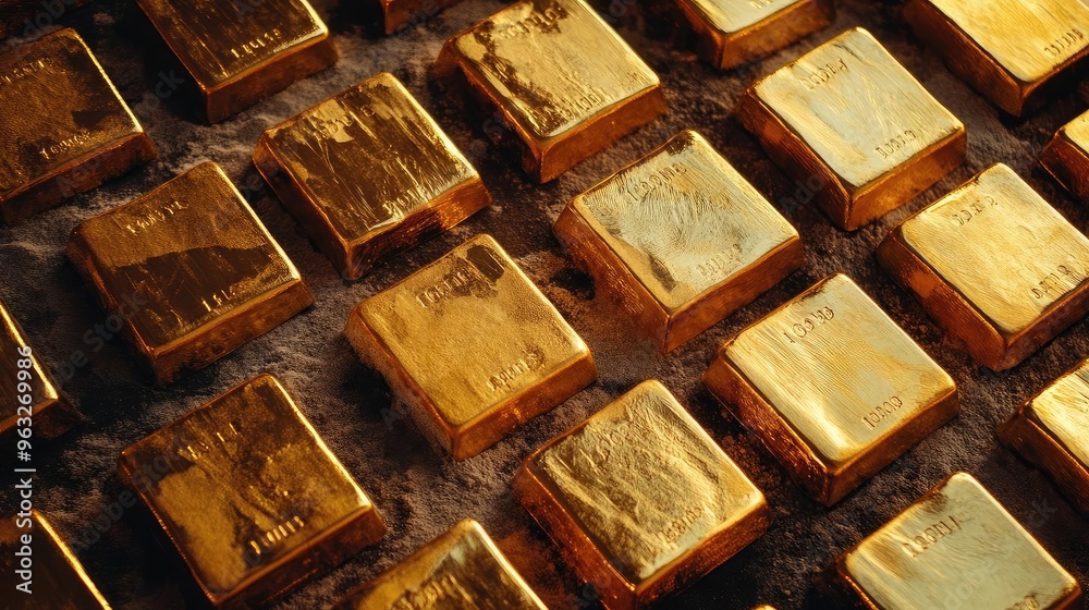 Close-up view of shiny gold bars stacked neatly, showcasing their rich texture and gleaming surface, symbolizing wealth and luxury. Close-up view of shiny gold bars stacked neatly, showcasing their rich texture and gleaming surface, symbolizing wealth and luxury.