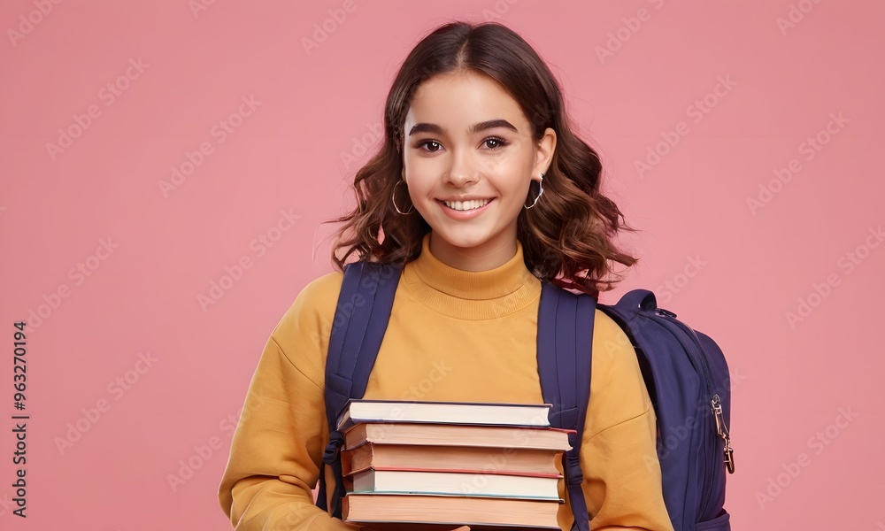 Youthful Lady Embracing Back to School on Vibrant Pink Background, Generative Ai Youthful Lady Embracing Back to School on Vibrant Pink Background, Generative Ai