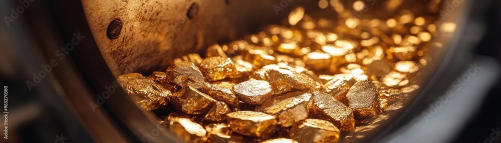 A close-up view of shiny gold nuggets collected in a mining container, showcasing the richness and allure of precious metals. A close-up view of shiny gold nuggets collected in a mining container, showcasing the richness and allure of precious metals.