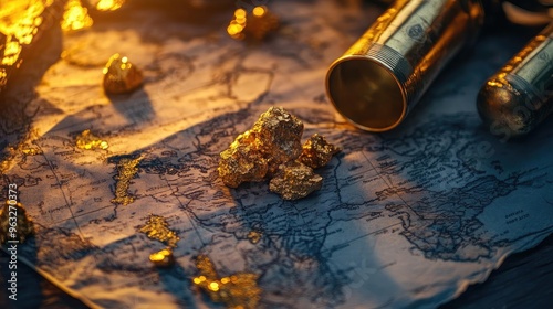 An antique map with golden nuggets and a vintage telescope evokes the adventure of treasure hunting. photo