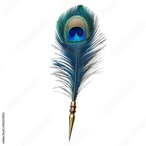 Peacock Feather Pen Illustration, Feather Quill Pen Art, Vibrant Peacock Feather, Elegant Bird Feather Sketch, Exotic Pen Design