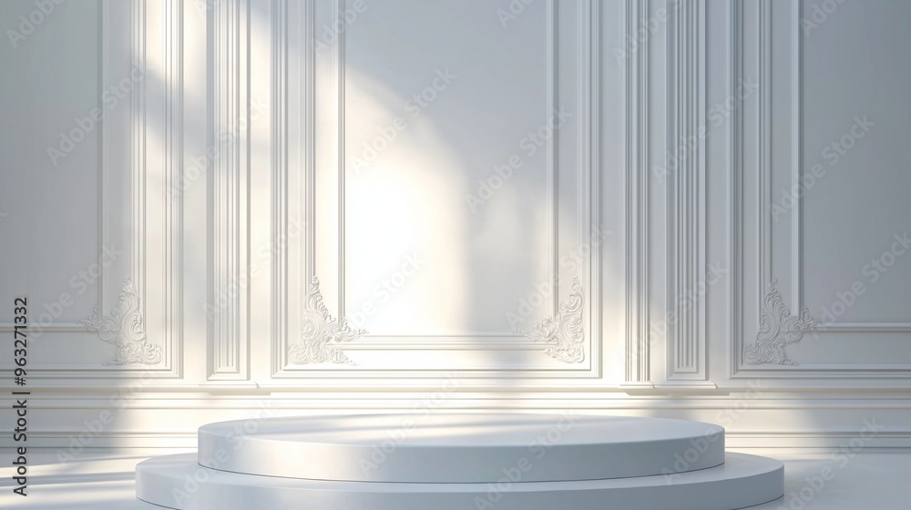 A seamless white podium standing tall against luxury white walls with subtle artistic details, bathed in soft, golden light that highlights the product. A seamless white podium standing tall against luxury white walls with subtle artistic details, bathed in soft, golden light that highlights the product.