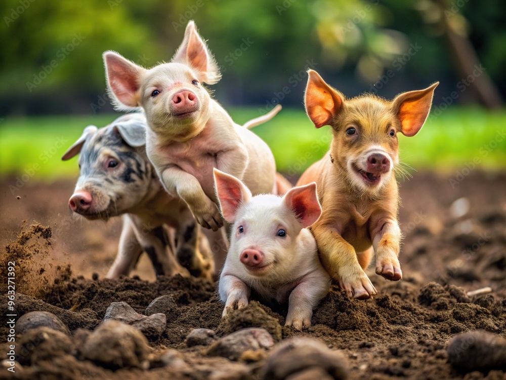Playful Animal Shenanigans: Piglets roll in the mud while puppies chase their tails, evoking a sense of carefree amusement and youthful playfulness. Playful Animal Shenanigans: Piglets roll in the mud while puppies chase their tails, evoking a sense of carefree amusement and youthful playfulness.