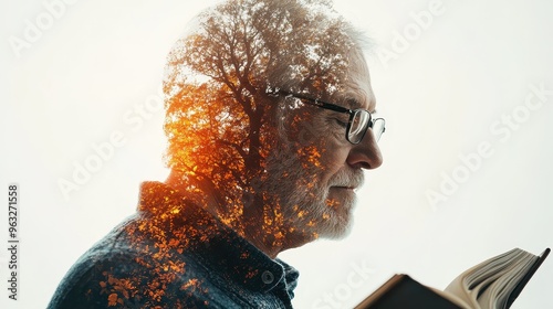 Serene Elderly Man Reading a Book in Soft Light - Double Exposure Silhouette with Flowing Pages for Relaxation and Tranquility