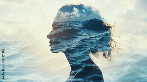 Tranquil Moment - Middle-Aged Woman Practicing Deep Breathing in Double Exposure Silhouette with Calming Ocean Waves, Close Up Profile View, Copy Space