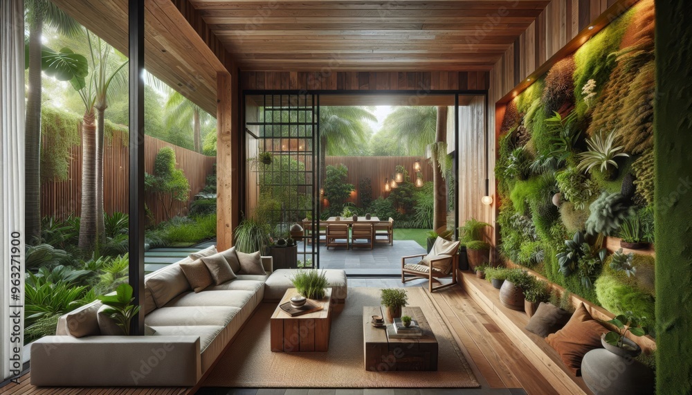 Fototapeta premium Contemporary Living Room with Abundant Green Plants, Vertical Garden Wall, and Cozy Wooden Furniture Creating a Tranquil Urban Oasis