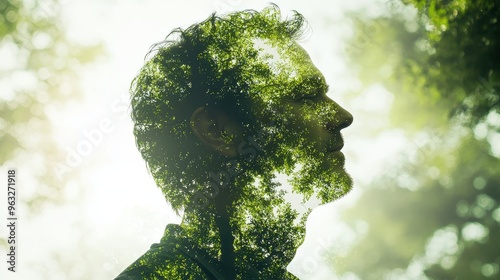 Tranquil Middle-Aged Man Finding Peace in Nature - Double Exposure Silhouette Among Tall Trees with Copy Space in Muted Green Tones
