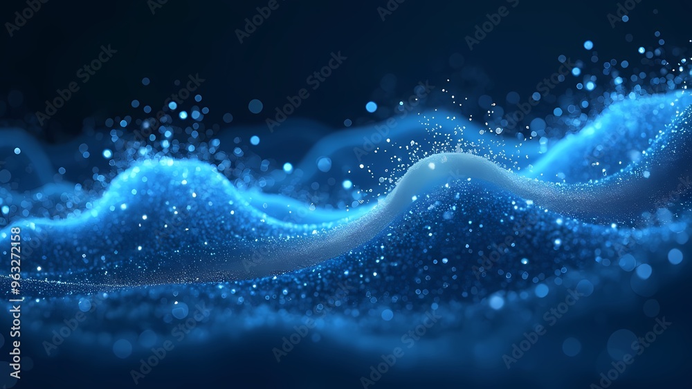 Abstract Blue Energy Waves with Glowing Particles on Deep Navy Backdrop Abstract Blue Energy Waves with Glowing Particles on Deep Navy Backdrop