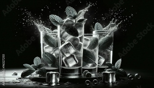 Refreshing Still Life of Water Being Poured into Glasses with Citrus and Ice Cubes, Capturing Freshness and Hydration Concept in High-Resolution Photography