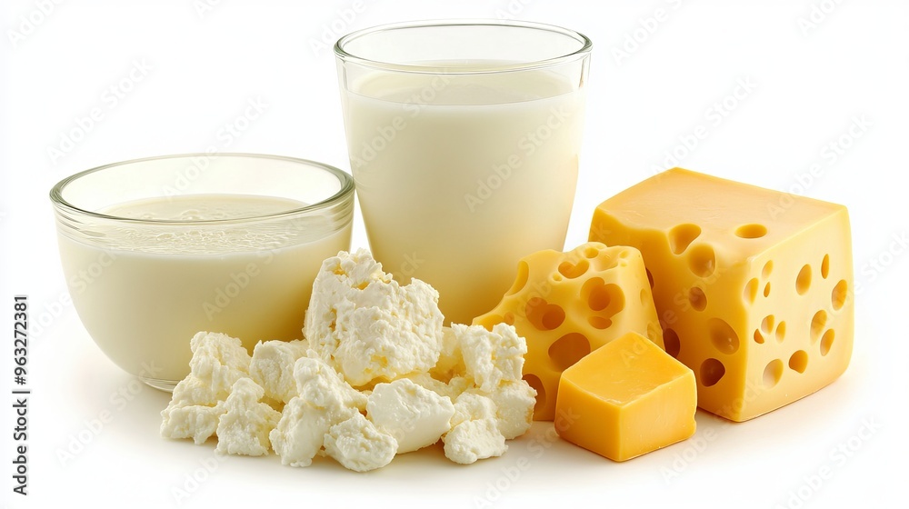 Milk, cheese and other dairy products isolated on white background with clipping path Milk, cheese and other dairy products isolated on white background with clipping path