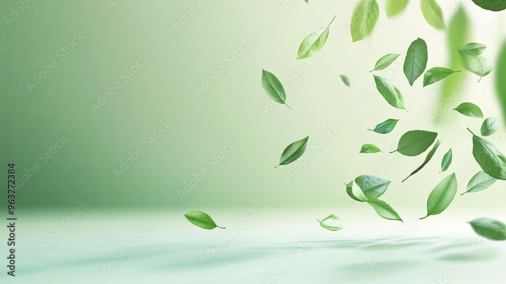 Leaves falling in fresh natural gradient light green room banner background with empty space for product display, vector design