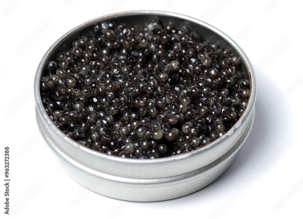 Black sturgeon caviar. Sturgeon caviar on a white background in a jar.