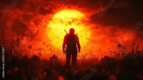 A dramatic scene of a lone warrior, silhouetted against a fiery sunset, standing his ground against a horde of attacking enemies.