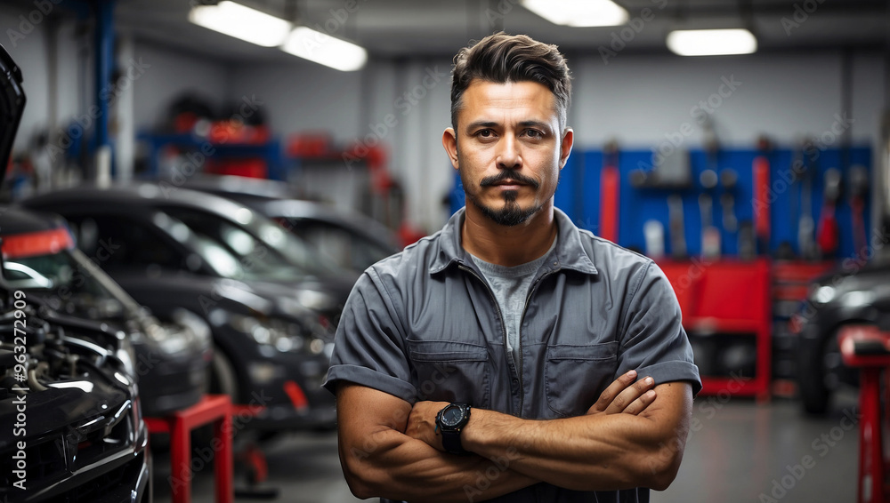 Technician Male Auto Mechanic with Crossed Arms in Modern Auto Shop Technician Male Auto Mechanic with Crossed Arms in Modern Auto Shop