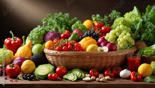 Table with Assorted Fresh Vegetables and Fruits