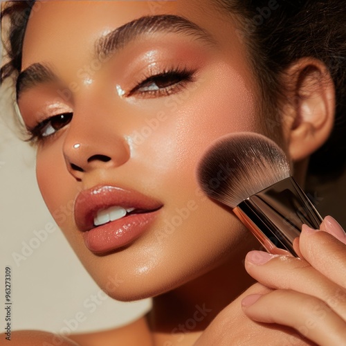 Close-up of a woman using setting powder and blush for a flawless finish