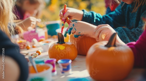 Children decorating pumpkins and leafs at a fall festival photo