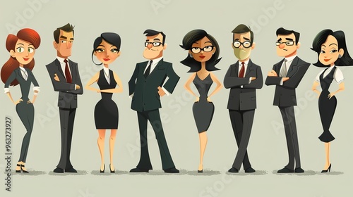 Successful cartoon characters engaged in various business activities. They are showing their professional skills and smartness in the business world. These characters are confident and seem to be maki photo