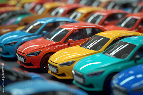 A row of colorful toy cars in a variety of colors, arranged in a row.