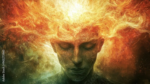 An abstract representation of a human mind with fiery energies, symbolizing creativity, power, and transformation photo