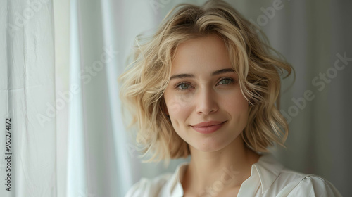 Professional Woman blonde Smiling Confidently in Modern Office Setting