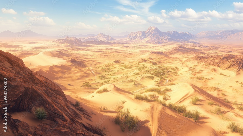 Fototapeta premium Desert Landscape with Sand Dunes and Mountains in the Distance