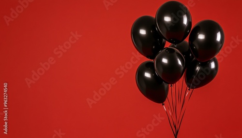 Black balloons soaring against a vibrant red backdrop symbolize excitement and urgency, embodying the spirit of Black Friday sale events. photo