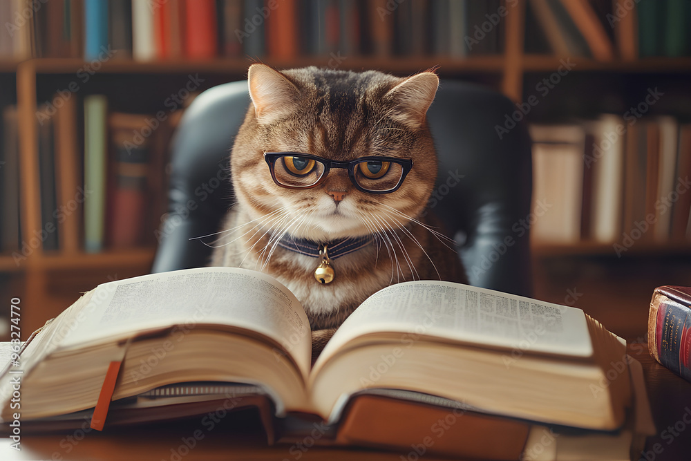 A tabby cat wearing glasses sits at a desk in a library, reading a book. A tabby cat wearing glasses sits at a desk in a library, reading a book.