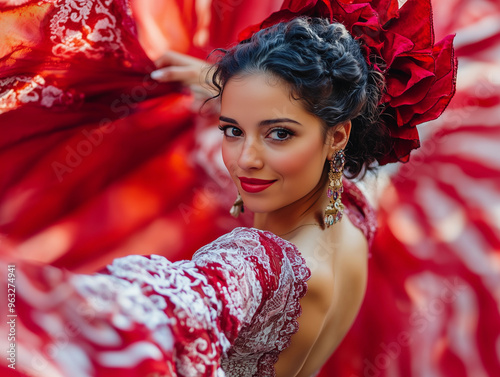 Hermosa bailarina de flamenco española con un vestido tradicional.