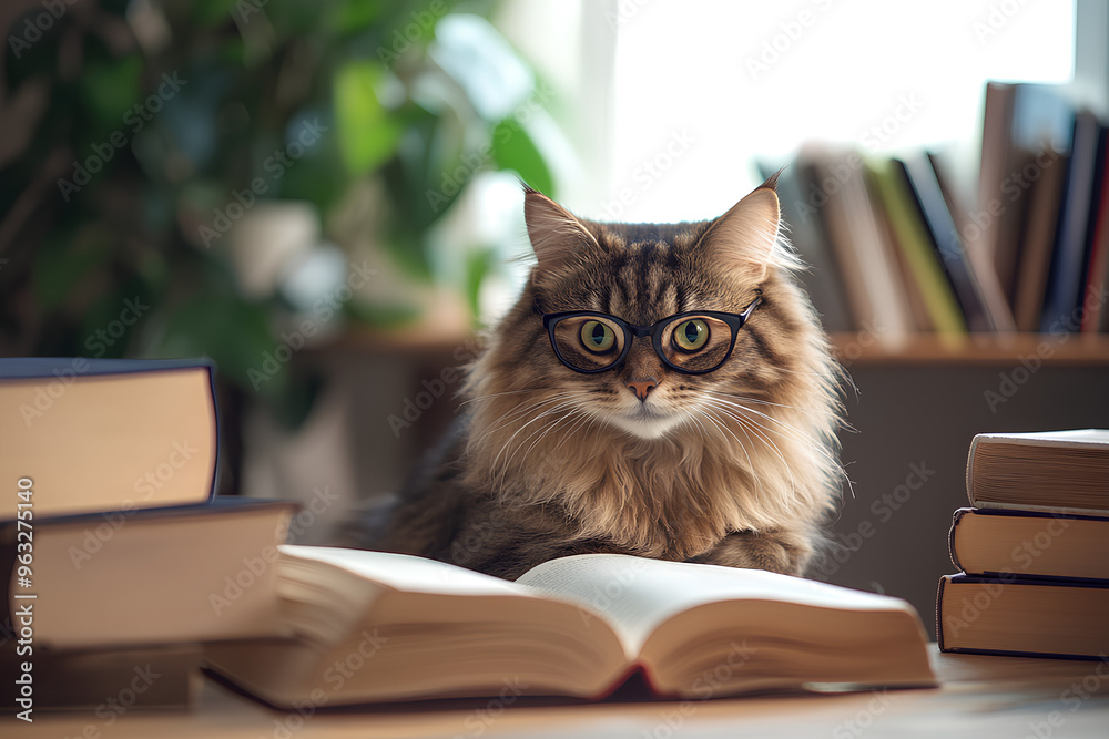 A fluffy cat wearing glasses sits in front of an open book on a table with stacks of books behind it. A fluffy cat wearing glasses sits in front of an open book on a table with stacks of books behind it.