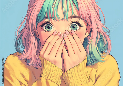 Anime illustration of a young woman with colorful pastel hair, expressing surprise and emotion through large eyes and a playful pose, showcasing unique character art