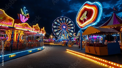 Vibrant carnival scene at night with illuminated rides, creating a festive and magical atmosphere full of fun and excitement.