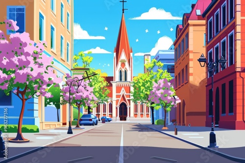 Serene Church with Tall Steeple and Stained-Glass Windows Surrounded by Lush Greenery and Blue Sky in a Picturesque Setting. Beautiful simple AI generated image