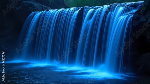 Digital Waterfall of Blue Light Streams on Shadowy Background