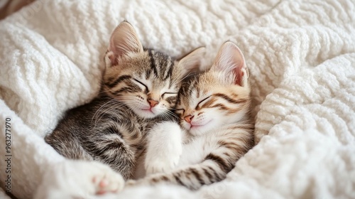 Adorable tabby kittens snuggle together on soft white bedding, their eyes peacefully closed as they nap. The image captures a heartwarming moment of feline companionship.