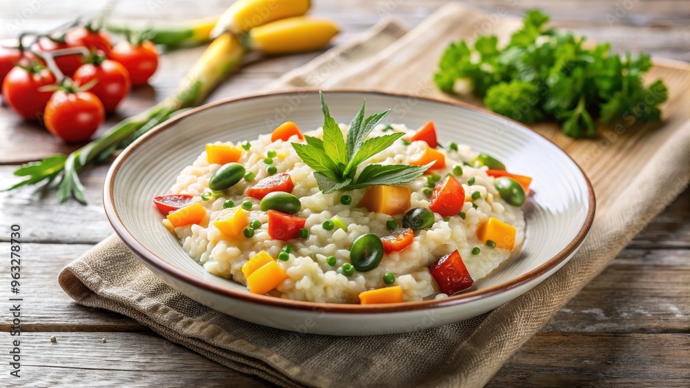 Creamy risotto with assorted vegetables mixed in , vegetarian, dish, rice, Italian, savory, comfort food, gourmet, dinner Creamy risotto with assorted vegetables mixed in , vegetarian, dish, rice, Italian, savory, comfort food, gourmet, dinner