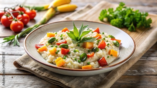 Creamy risotto with assorted vegetables mixed in , vegetarian, dish, rice, Italian, savory, comfort food, gourmet, dinner