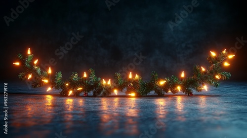 A festive garland with glowing lights against a dark background.