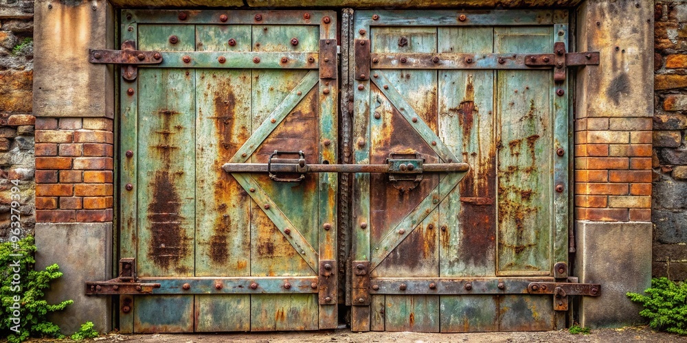 Rustic metal service door with a distressed finish and aged hinges in a state of disuse and abandonment Rustic metal service door with a distressed finish and aged hinges in a state of disuse and abandonment