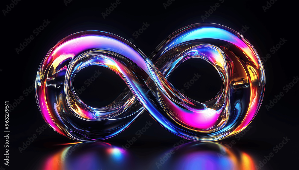 Abstract 3D rendering of a vibrant infinity symbol with fluid glass-like textures and neon colors, representing endless possibilities, creativity, and futuristic design Abstract 3D rendering of a vibrant infinity symbol with fluid glass-like textures and neon colors, representing endless possibilities, creativity, and futuristic design