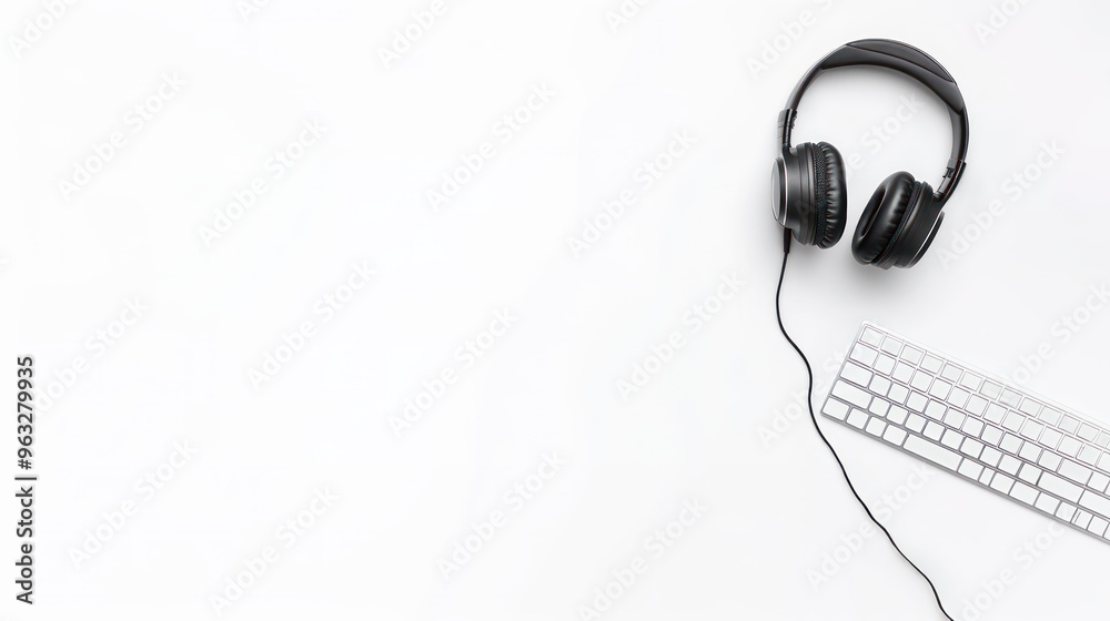 Black headphones with a microphone next to a computer keyboard on a white background, office setup, tech equipment, call center accessories Black headphones with a microphone next to a computer keyboard on a white background, office setup, tech equipment, call center accessories