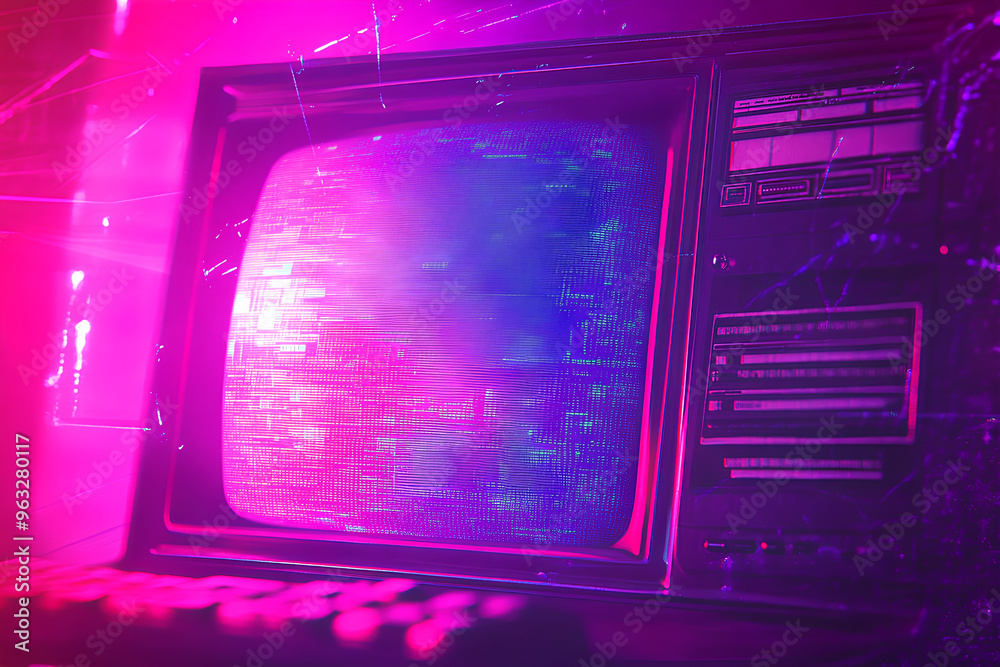 An old television with a bright pink and blue screen in a dark room with glowing lights behind it. An old television with a bright pink and blue screen in a dark room with glowing lights behind it.